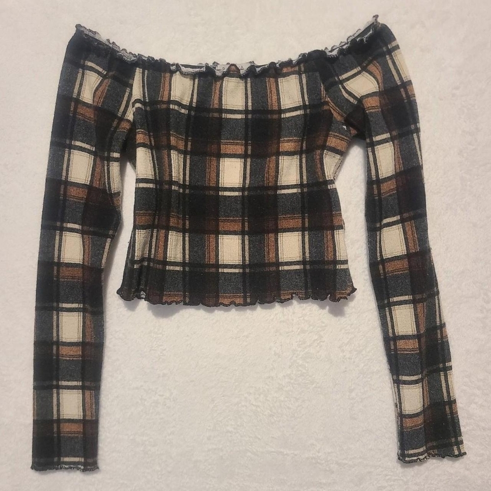 Papaya Gingham Plaid Black and Brown Long Sleeve Top
